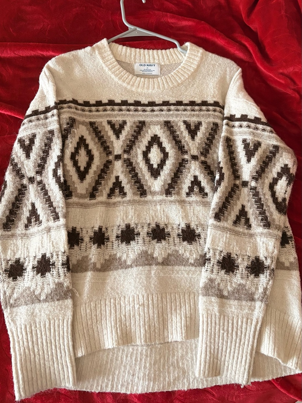 Old Navy Cream and Brown Geometric Crewneck Sweater